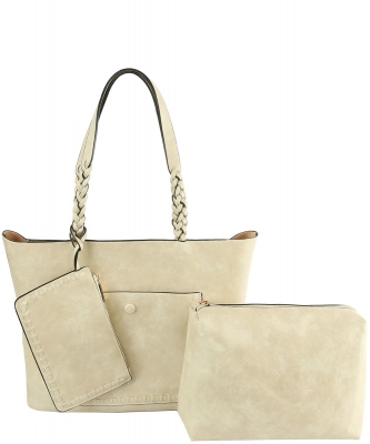 Fashion Whipstitch Pocket 3-in-1 Shopper Set LHU363 BEIGE